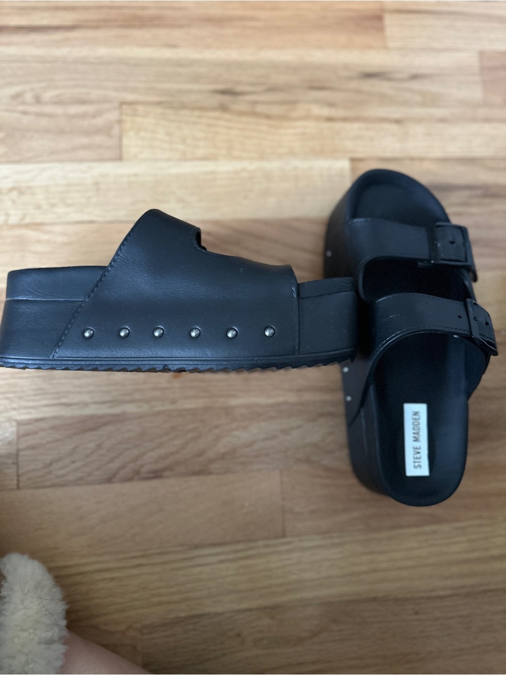 Steve Madden Black Stud-Detail Platform Slides